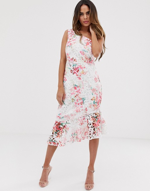 Lipsy one shoulder printed lace midi dress with flippy hem in floral print