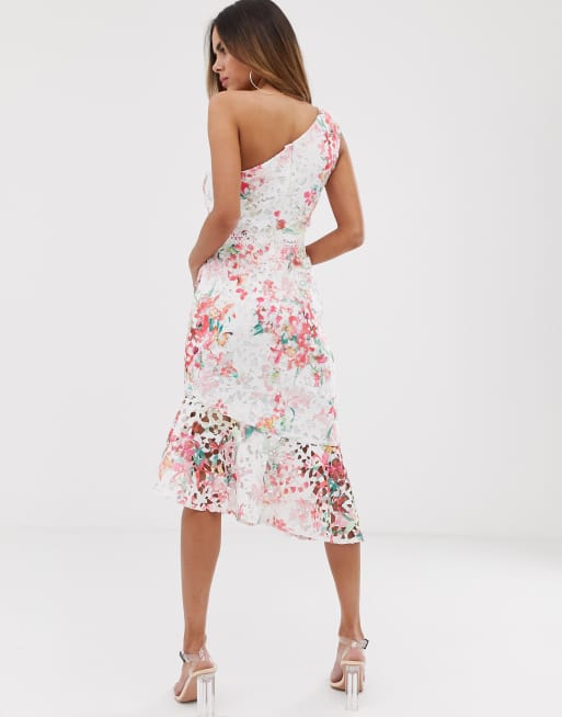 Lipsy one shoulder printed lace midi dress with flippy hem in floral print