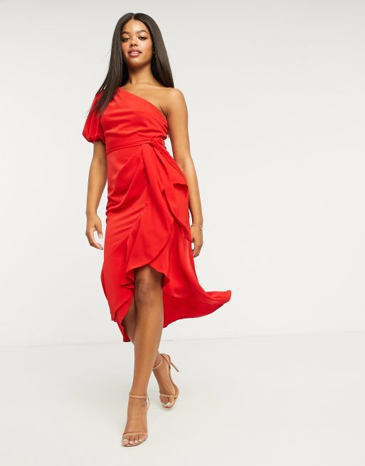 Red ruffle best sale one shoulder dress