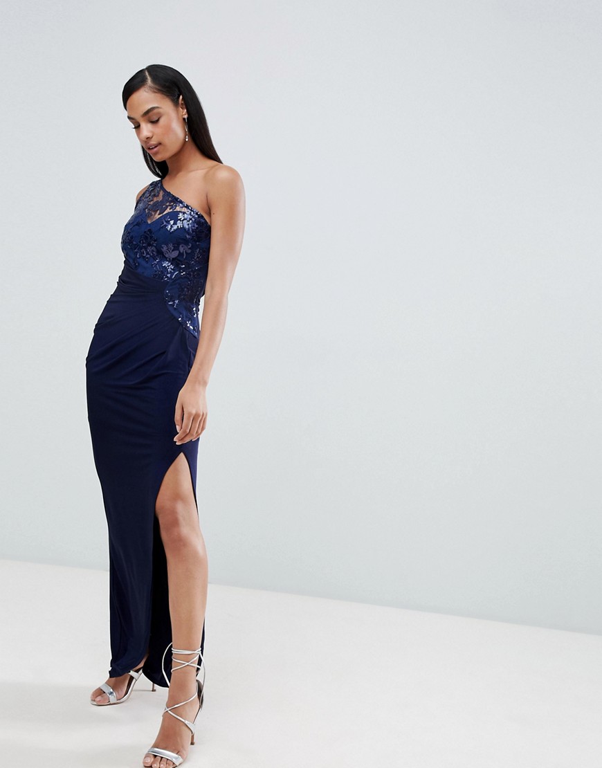 Lipsy one shoulder sequin lace maxi dress-Navy