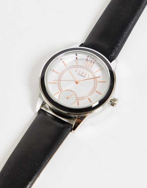 Lipsy - Orologio con cinturino in pelle nera e quadrante con strass