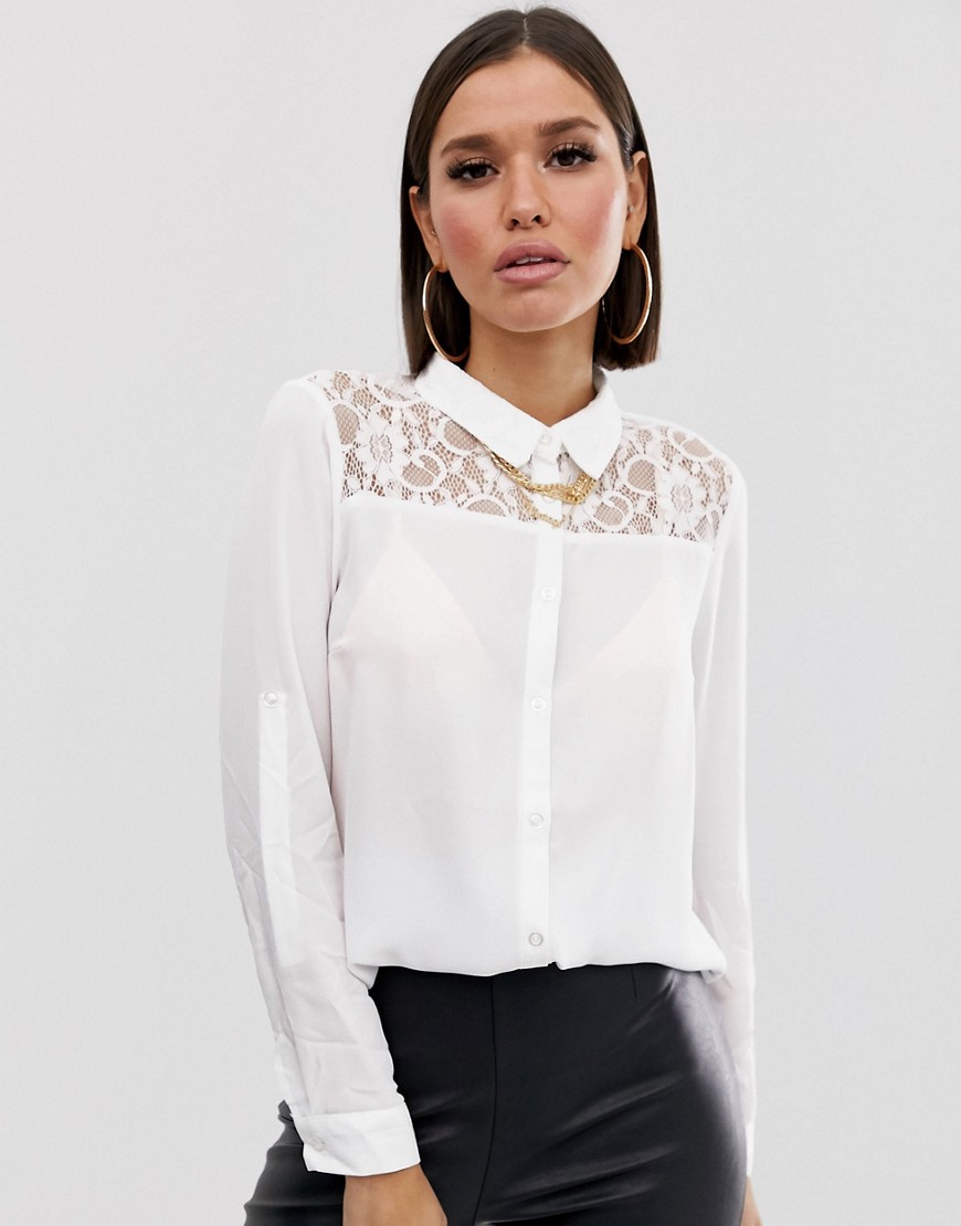 Lipsy - Overhemd met kanten inzetstukken-Wit