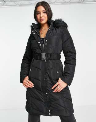 Flocked Faux Fur Trim Padded Longline Coat in Black