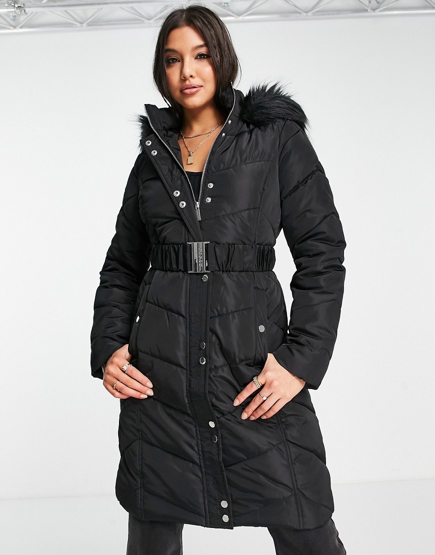 Lipsy padded coat with faux fur trim detail in black
