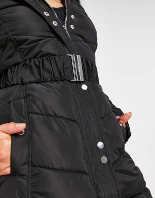 Buy Lipsy Black Longline Belted Fur Hood Puffer Padded Coat from