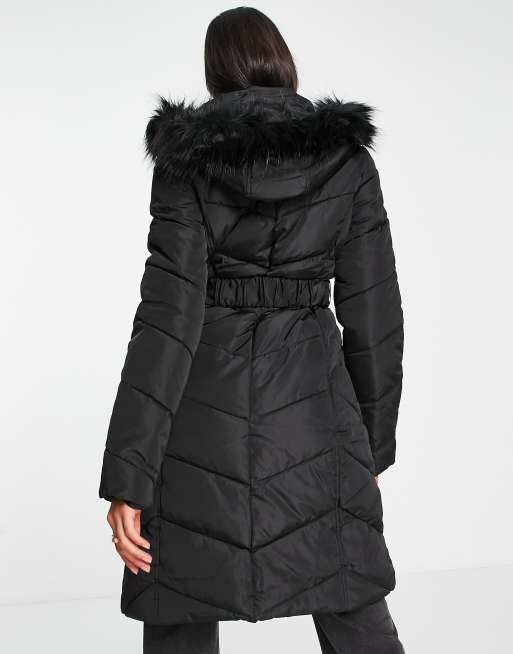 Lipsy Black Curve Faux Fur Collar Belted Longline Wrap Coat