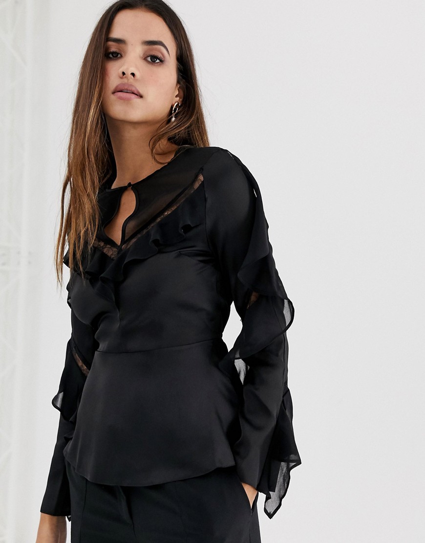 Lipsy - Peplum blouse met kanten inzetstuk-Zwart
