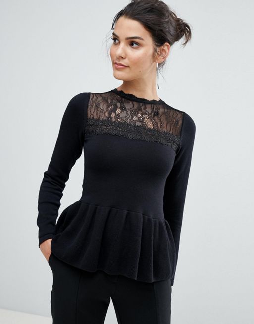 Lipsy Lace Peplum Top With High Neck, $12, Asos