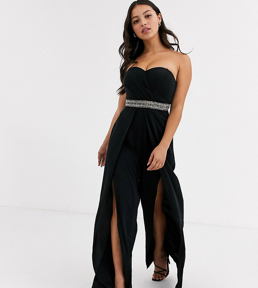 Lipsy Petite bandeau jumpsuit with embellished waistband and wrapover leg detail in black