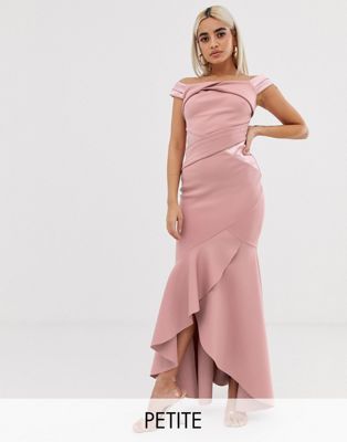 Lipsy Petite bardot maxi dress with ruffle wrap front-Pink
