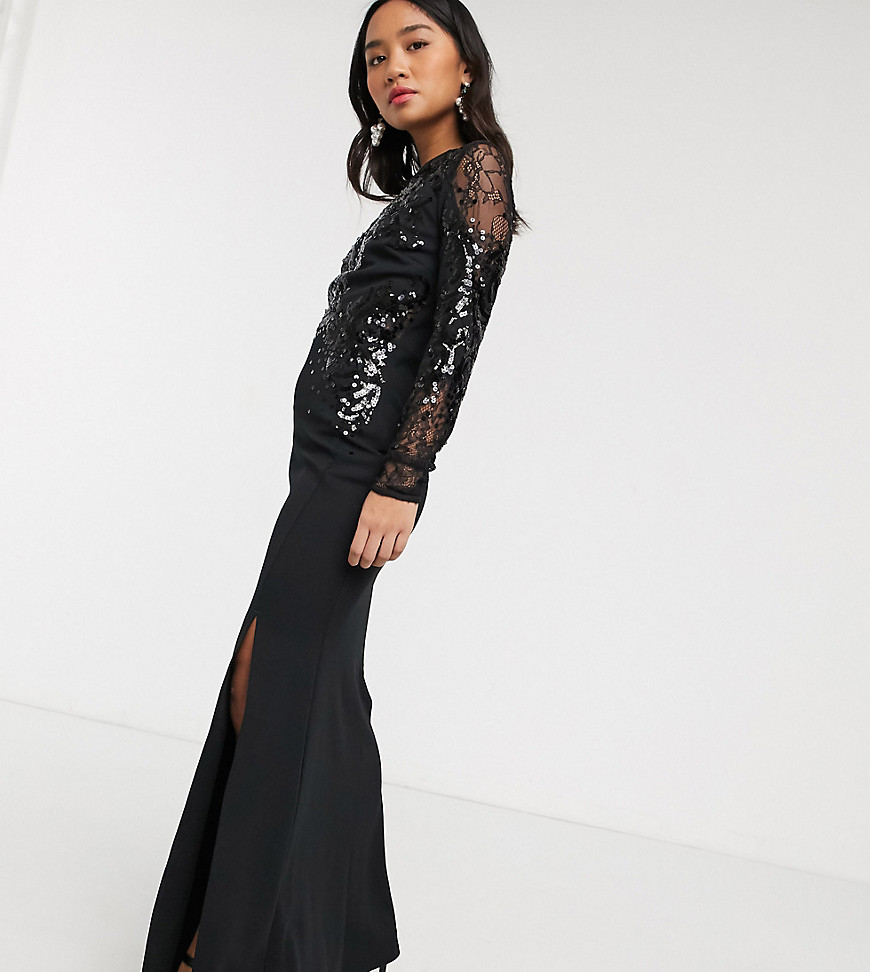 Lipsy Petite long sleeve lace applique maxi dress in black