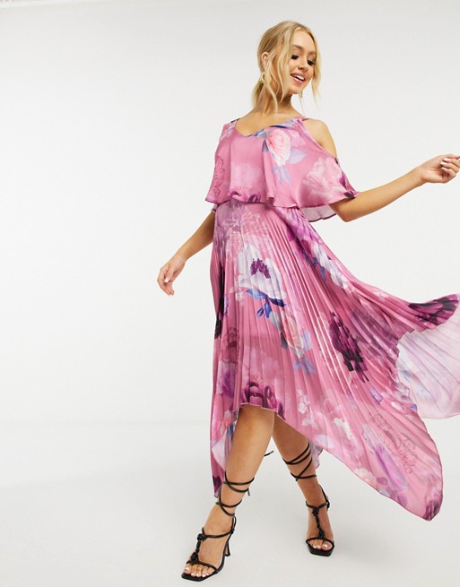 Lipsy pleated 2 in 1 midi dress in pink floral print