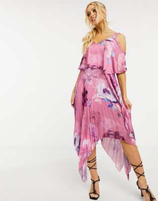 pink floral pleated midi dress