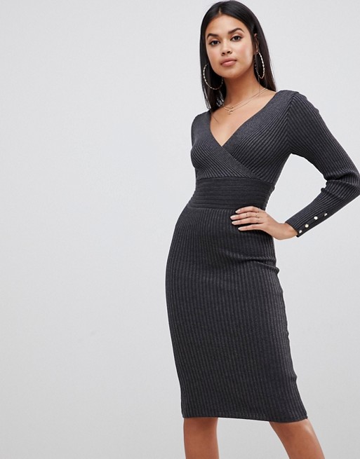 Lipsy plunge neck knitted midi dress in charcoal