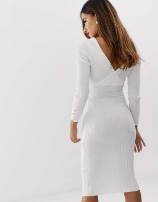 lipsy plunge neck knitted midi dress in white