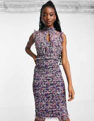 printed mesh midi dress-Multi