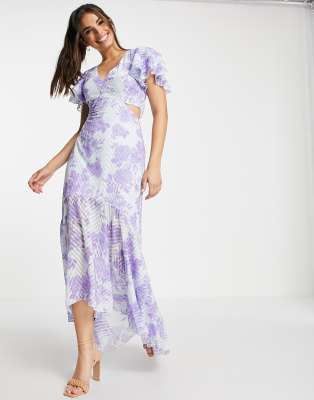 Lipsy printed plunge cut out maxi dress in purple floral | ASOS