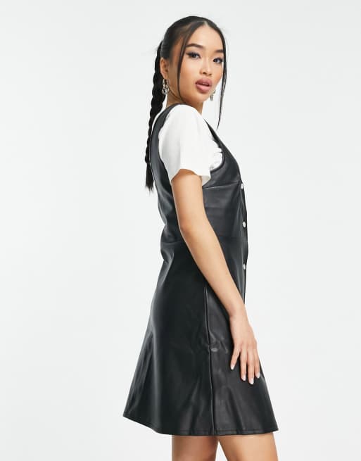 Lipsy PU pinafore skater dress in black