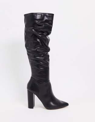 Lipsy PU ruched knee high boots in black | ASOS