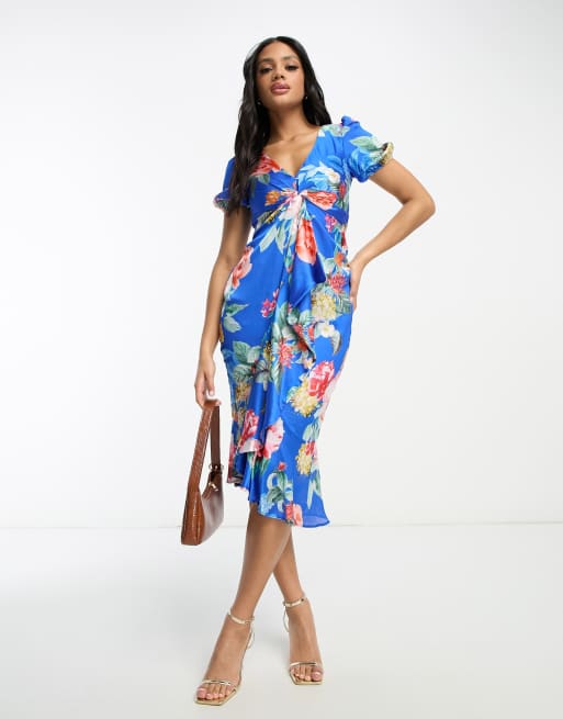 Lipsy puff sleeve midi dress in blue floral | ASOS