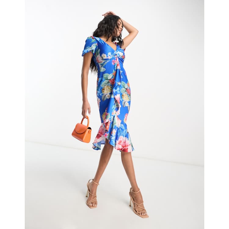 Lipsy puff sleeve midi dress in blue floral ASOS