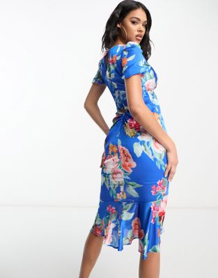 Lipsy puff sleeve midi dress in blue floral