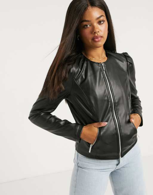 Collarless pu clearance jacket