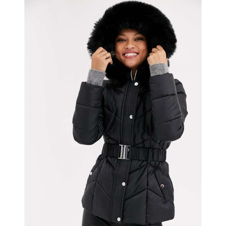 Buy Lipsy Black Longline Belted Fur Hood Puffer Padded Coat from