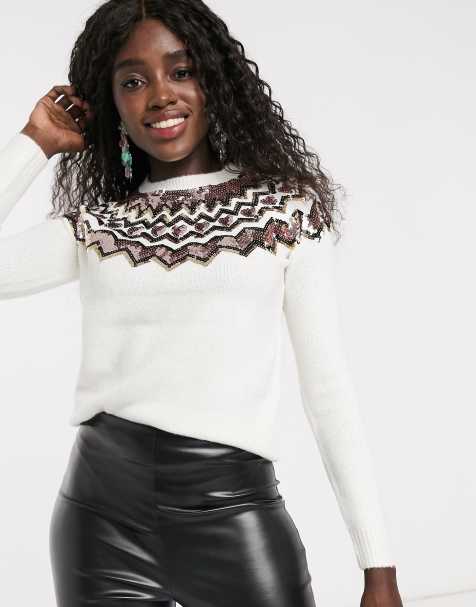 Lipsy – Pullover mit Norwegermuster und Paillettenpasse