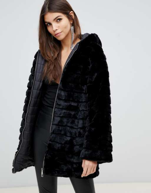 Lipsy reversible faux fur puffer jacket with on sale hood in black