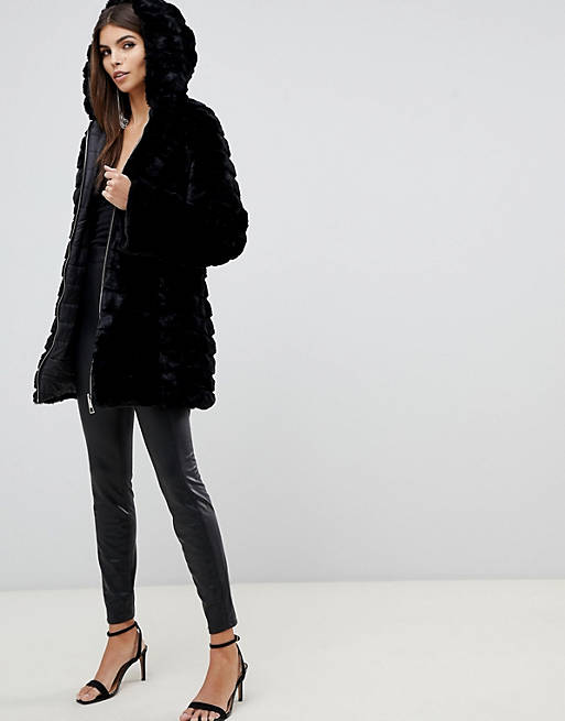 Lipsy Reversible Faux Fur Puffer Jacket, Reversible Faux Fur Hooded Coat In Black
