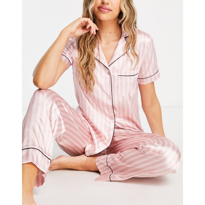 Lipsy – Rosa gestreifter Pyjama aus kurzärmligem Hemd und Hose