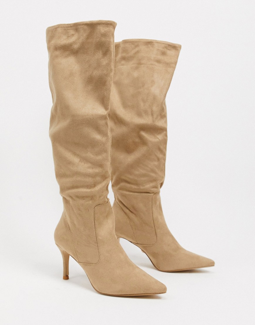 Lipsy ruched detail knee length boot in taupe-Neutral
