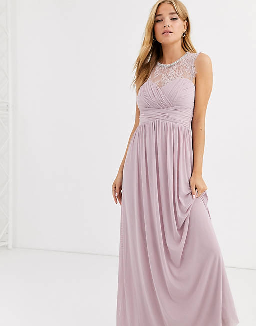 Lipsy ruched maxi dress with lace yolk and embellished neck in lavender ...