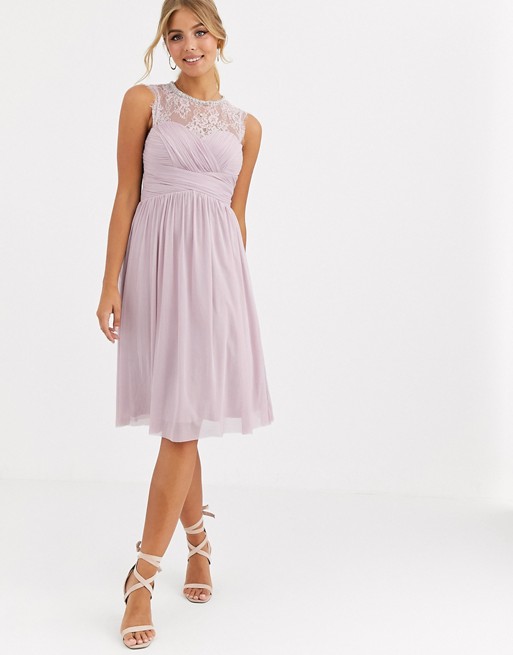 Lipsy ruched midi dress with lace yoke and embellished neck in lavender