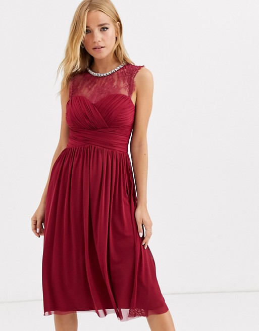 Lipsy ruched midi dress with lace yolk and embellished neck in berry