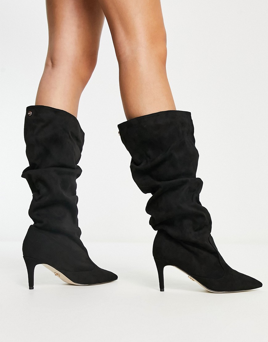 ruched pointed knee high boots in black