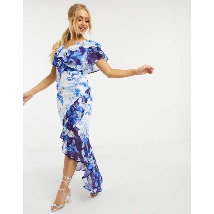 Lipsy ruffle detail maxi dress in mixed print in blue ASOS