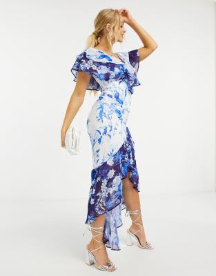 lipsy lara print ruffle maxi dress