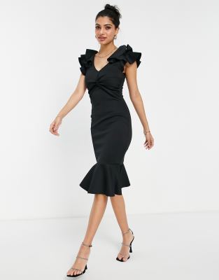 Lipsy Ruffle Scuba Body-conscious Midi Dress In Black