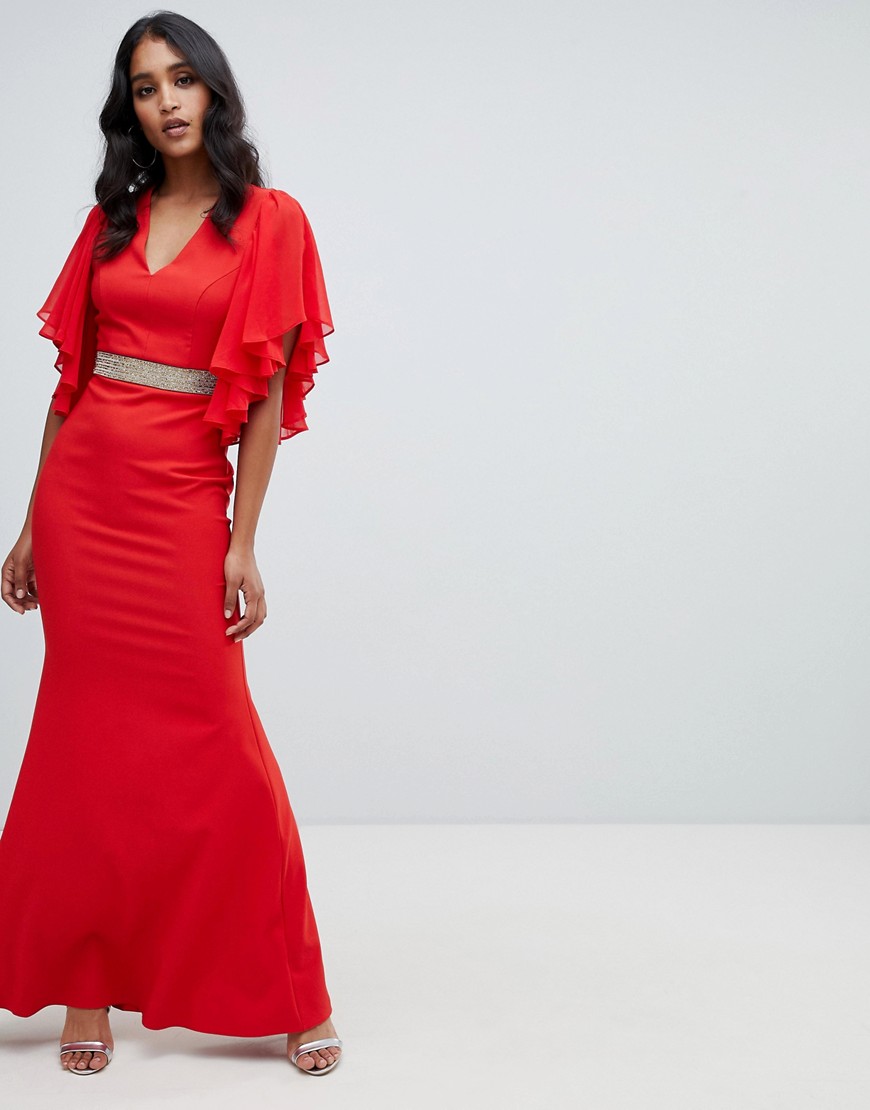 Lipsy ruffle sleeve maxi dress with embellished waist in red