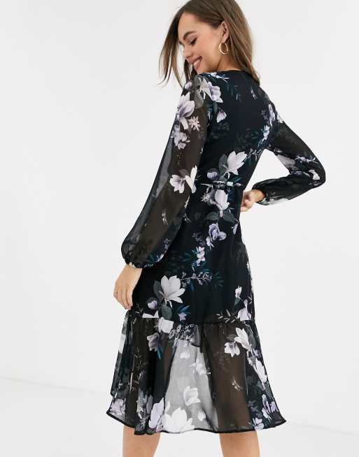 Buy Vinya Black Floral Printed Muslin Midi Dress With Metal Zipper online