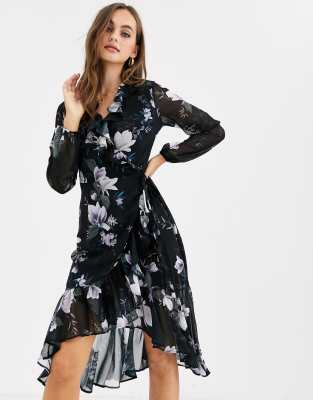 black floral wrap midi dress