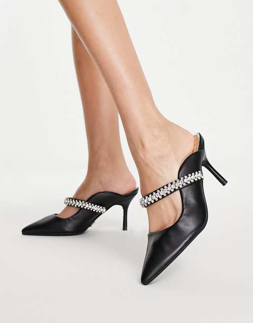 Lipsy - Sandalen met open achterkant, hak en bandje met zwarte siersteentjes in zwart