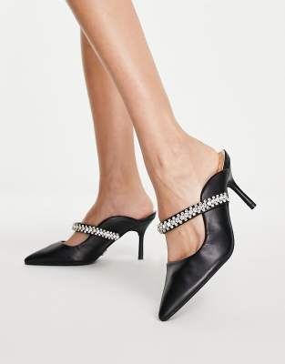 Lipsy - Sandali stile sabot neri con tacco e fascetta con strass