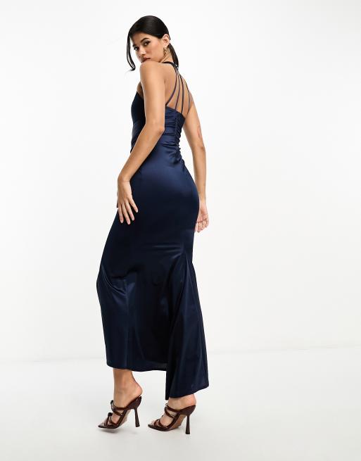 Lipsy - Satijnen maxi-jurk met halternek in marineblauw, 2 van 4