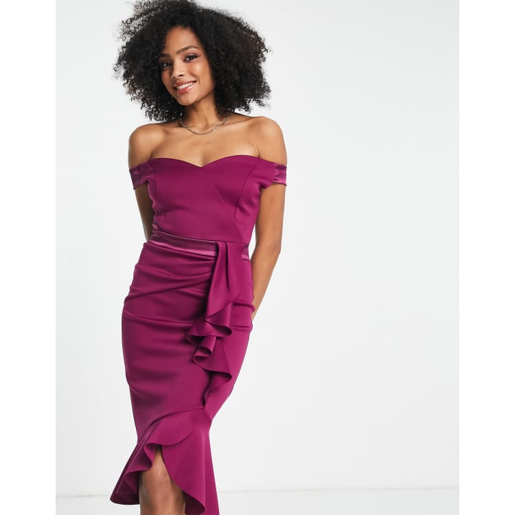 Lipsy satin panel bardot flute hem bodycon clearance dress