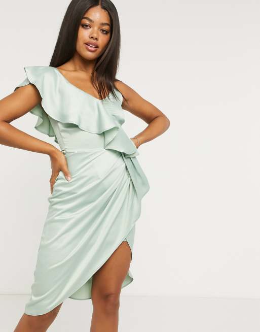 Lipsy satin one shoulder ruffle detail midi pencil dress in green | ASOS