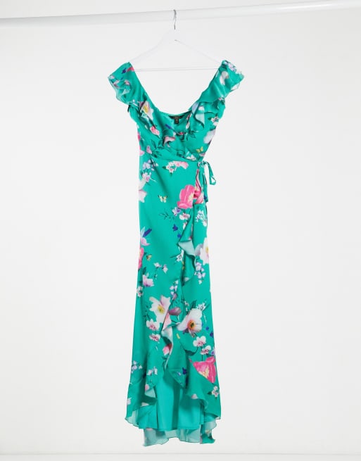 Lipsy satin ruffle frill wrap maxi dress in green floral