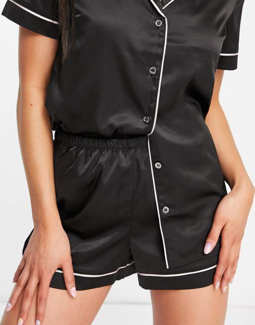 Lipsy satin short sleeve shirt short pajama set in black ASOS